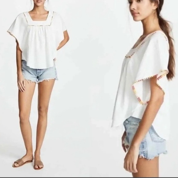 Madewell Tops - Madewell Pom Pom Butterfly Top Cotton square Neck White Size M